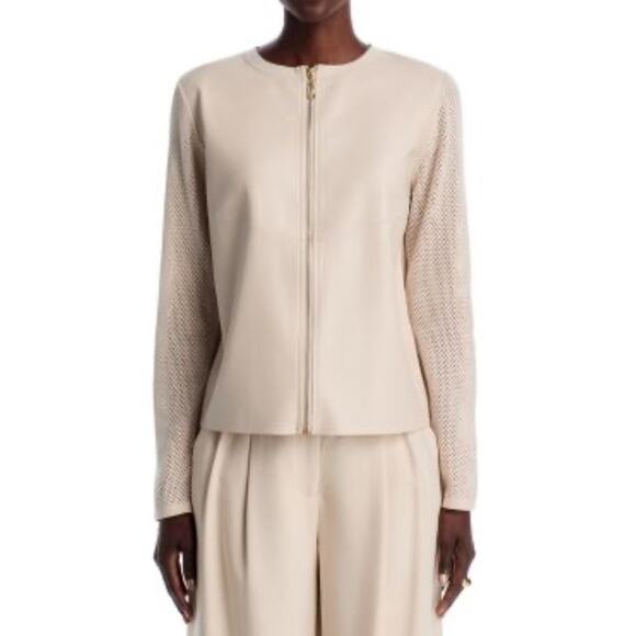 Sioni Zip Front Mixed Media Jacket L Faux Leather Winter White Knit Designer NEW - Picture 9 of 9